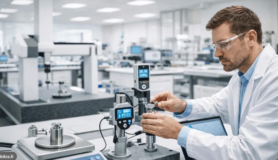 Technician working with measurement instruments in a calibration laboratory