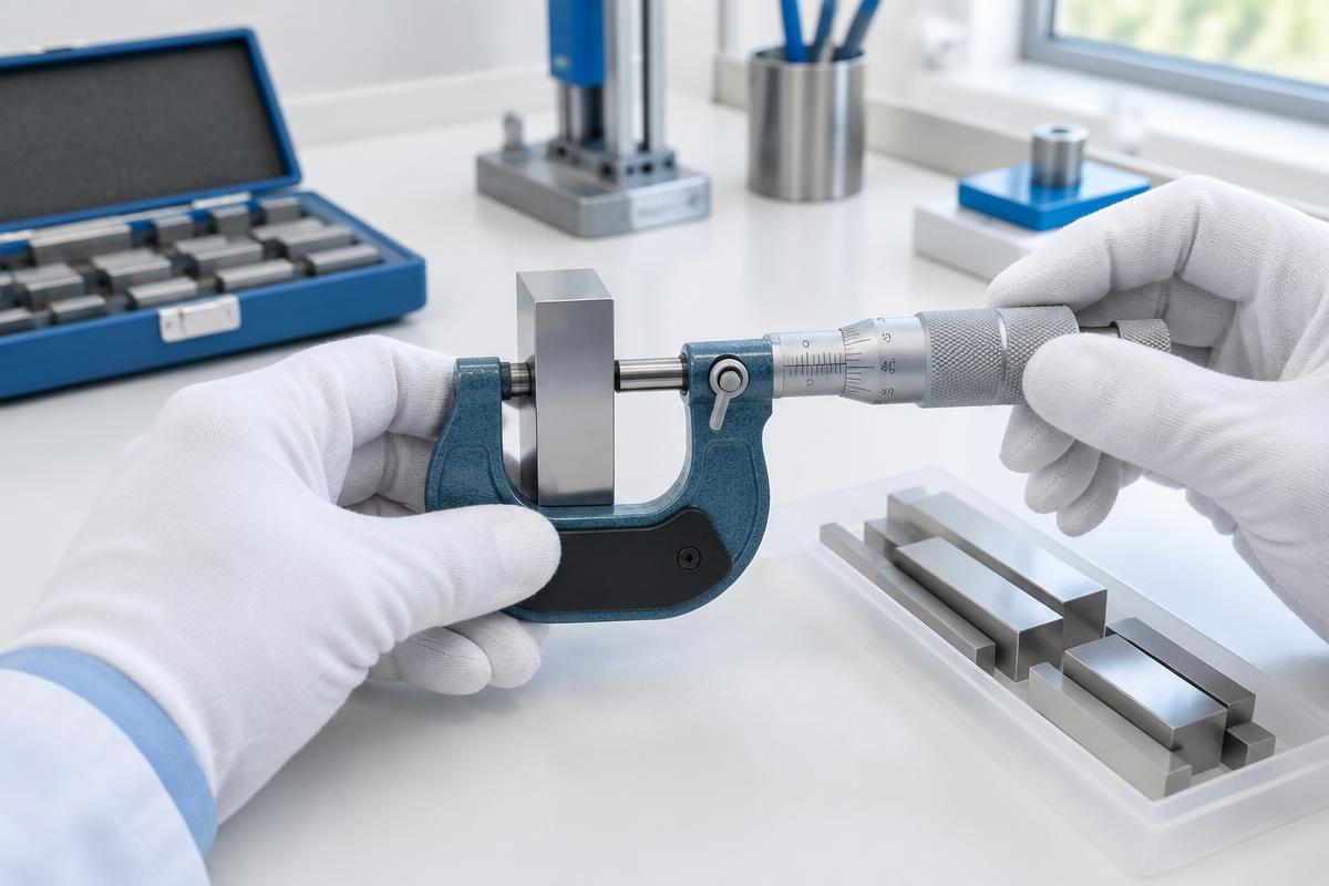 Micrometer measurement with reference gauge blocks — illustrative image
