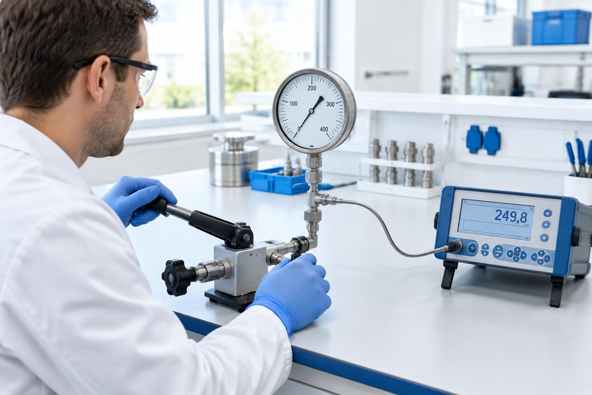 Pressure gauge checked against reference equipment — illustrative image
