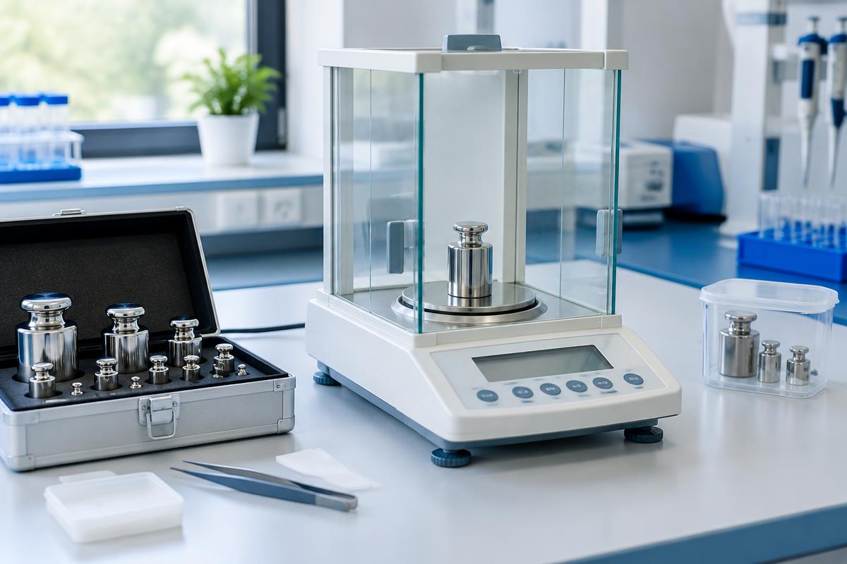 Laboratory balance and reference weights — illustrative image