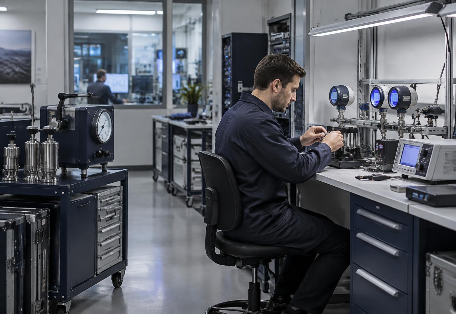 Engineer working with precision calibration equipment